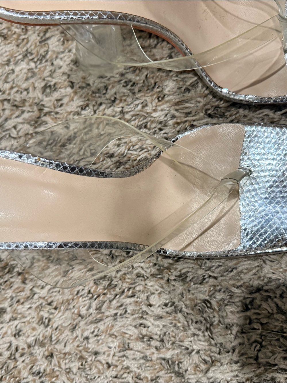 Clear-Strap Silver Square-Toe Women's Heeled Sandals